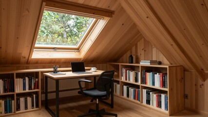 Fototapeta premium Quiet Attic Office With Skylight View