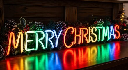 Merry Christmas neon sign with holiday decorations