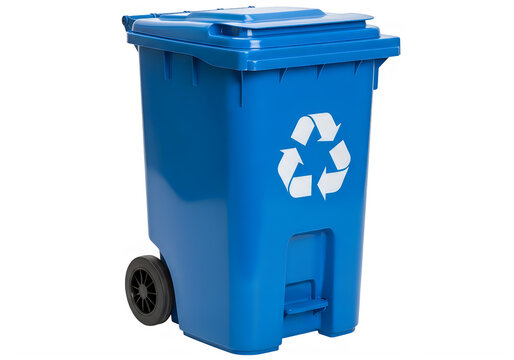 A blue recycling bin with a recycling symbol isolated on transparent background