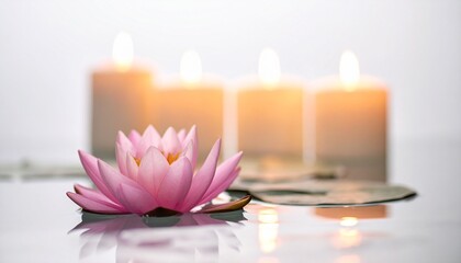 Serene Spa Scene with Pink Lotus Blossom and Candles for Relaxation and Wellness Promotion.