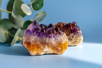 Natural ametrine crystal specimens with purple and golden yellow zones displayed on white surface with eucalyptus leaves against soft blue background.