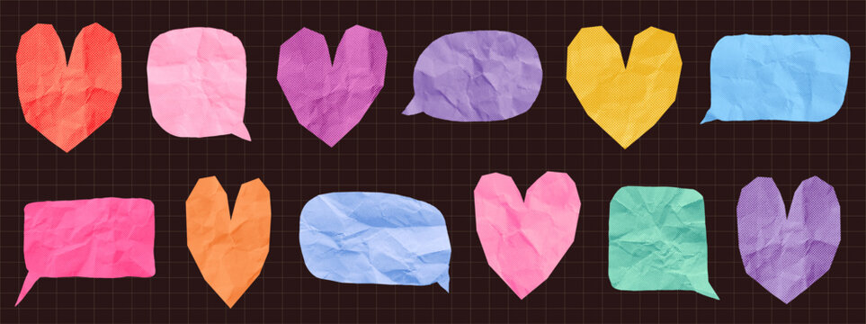 Colorful vector crumpled paper speech bubble shapes, cute empty text box heart stickers for children designs, scrapbook collages and social media backgrounds