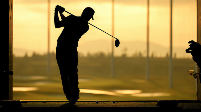 Silhouette photograph of male golfer finishing his swing at driving range during sunset with warm golden background