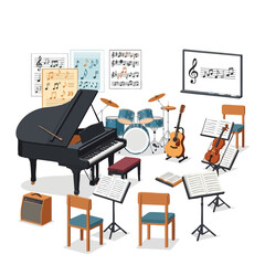 Music Practice Room with Piano Guitars and Chairs for Rehearsals and Lessons