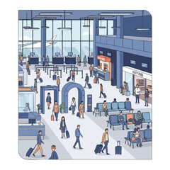 Modern Airport Terminal with Passengers and Staff in a Busy Transportation Hub