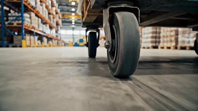 Close-up of a logistics cart's wheels moving across a concrete floor in a large, modern industrial warehouse with shelves stacked with goods. Perfect for themes of storage, delivery, and supply chain.