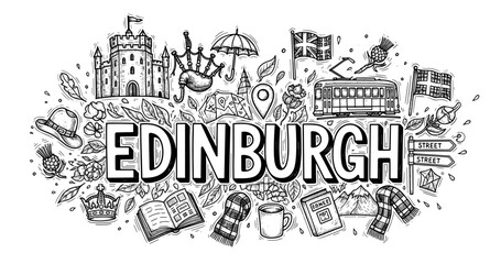 Edinburgh doodle art: castle, crown, tram, thistle, and iconic scottish symbols