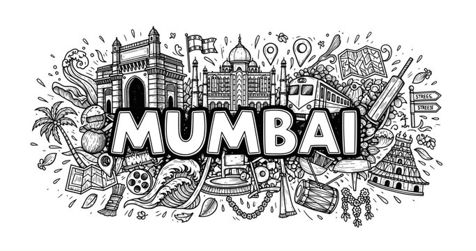 Mumbai doodle art: iconic landmarks and cultural symbols in black and white