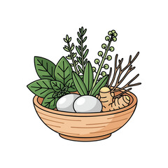 Relaxing herbal bath with natural plants stones and twigs for wellness and stress relief