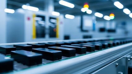 Obraz premium Black rectangular objects on a conveyor belt in an industrial factory setting with modern machinery