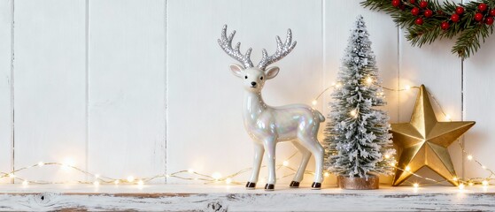 Fototapeta premium Decorative Christmas scene with reindeer, tree, star, and lights 