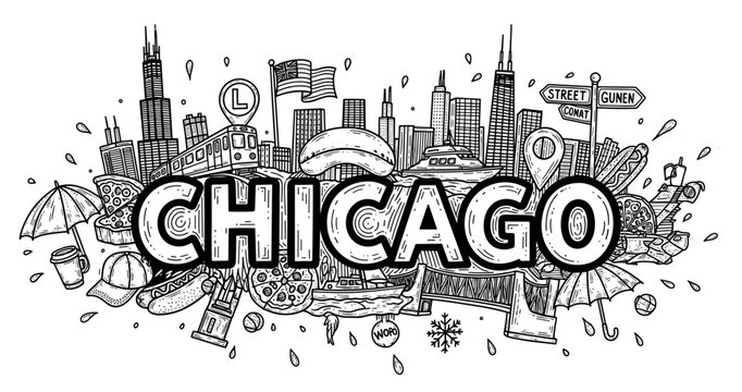 Chicago skyline doodle with iconic landmarks and symbols