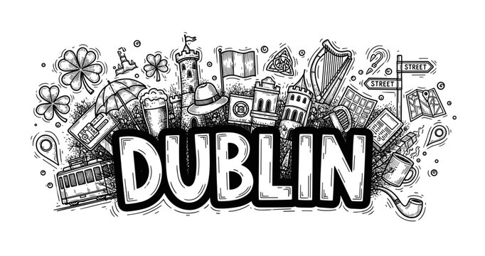 Dublin landmarks and symbols in detailed black and white illustration