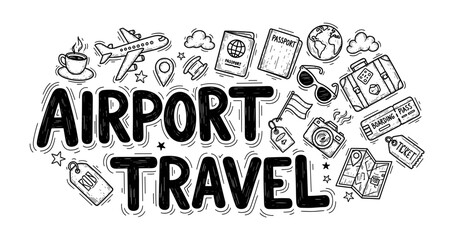 Airport travel doodles: passport, luggage, airplane, and travel essentials