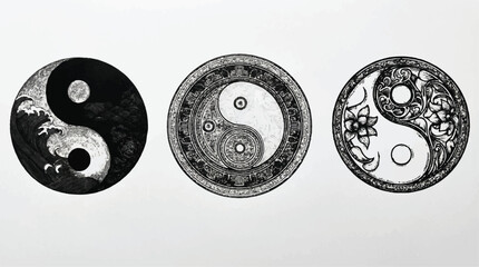 Three different yin yang symbols with various designs and patterns