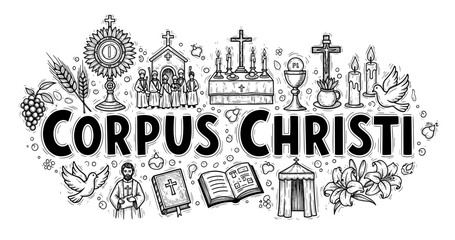 Obraz premium Corpus christi celebration symbols: eucharist, chalice, altar, candles, bible, clergy