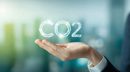 corporate professional holding transparent holographic co2 icon in office setting, business hand presenting digital carbon footprint visualization for sustainability, futuristic technology 