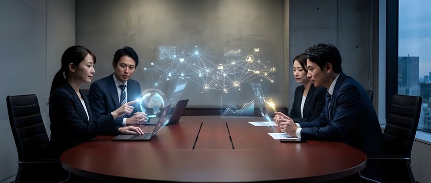 Business professionals analyzing holographic data visualization in modern conference room meeting for strategic planning and decision making.