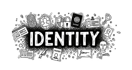 Illustrated concept of identity with documents and security elements in black and white