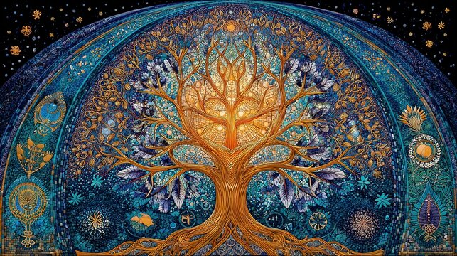 Glowing feminine symbols intertwine to form a radiant tree of life mosaic.