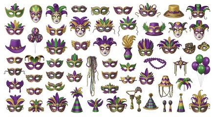 Fototapeta premium Mardi gras accessories collection including masks hats jewelry and decorations in purple green and gold on white background