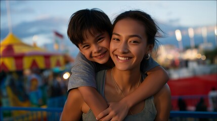 Fototapeta premium Fun family outing characterized by a joyful piggyback ride at a dazzling amusement park, surrounded by thrilling rides and excitement. Bright colors and spirited laughter fill the air as parents
