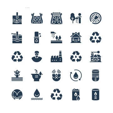 Minimalist vector icons for water stewardship and climate adaptation featuring groundwater recharge wells permeable driveways and xeriscape gardens in deep slate blue