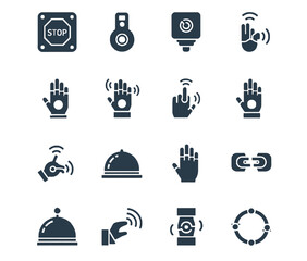 Minimalist vector icons for human-robot collaboration and workspace safety featuring soft-touch robotic hands emergency stops and force-feedback sensors in midnight steel blue