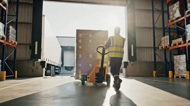 A dedicated warehouse worker in a safety vest efficiently operates a hand pallet truck, transporting a large stack of wrapped boxes towards a waiting truck at a loading dock