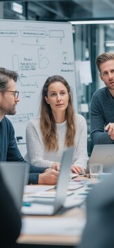 Business professionals collaborating in a corporate meeting room. Professionals discussing AI systems and new product development during a serious business meeting