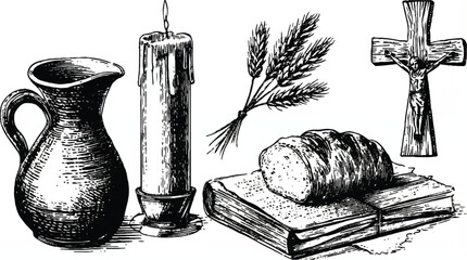 Vintage christian still life with bread book candle and jug on white