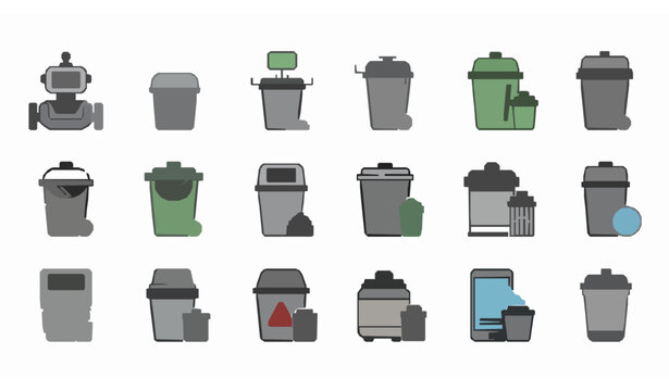 Futuristic smart trash can recycling technology icon set solid glyph waste disposal vector collection