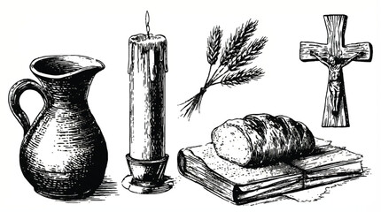 vintage still life with bread book candle and cross on white