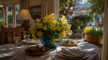 Fototapeta premium Charming Easter Sunday brunch featuring a plethora of mouth-watering dishes and vibrant floral centerpieces that invite friends and family to enjoy the feast together. Warm sunlight filtering