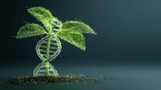 Double helix forming a seedling sprout above soil, symbolizing biotechnology gene editing for plant modification and sustainable agriculture.