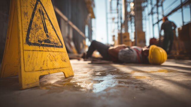 Wet floor sign, injured worker wearing hard hat on construction floor, briefcase and hardhat imply injury lawyer compensation workplace.
