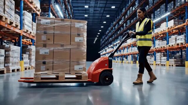 A diligent female warehouse worker in a high-visibility vest operates an electric pallet jack, transporting stacked boxes on pallets through a modern logistics center. Efficient material handling.