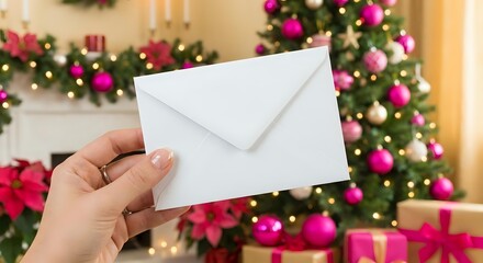 Obraz premium Hand holding white envelope against festive Christmas tree with pink and red ornaments, warm holiday lighting creating cozy seasonal atmosphere for greetings.