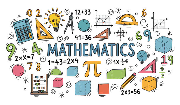 Colorful mathematics doodles with numbers, formulas, and geometric shapes