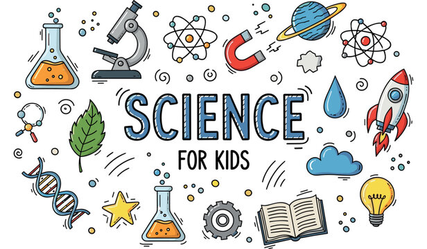 Colorful science elements for kids: fun illustrations of tools and symbols