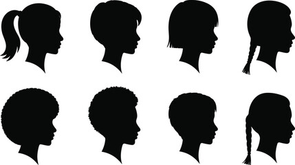 Female head silhouettes set in side view with different hairstyles, woman profile portrait collection, beauty and fashion concept, isolated black faces on white background. © Itz Jisan