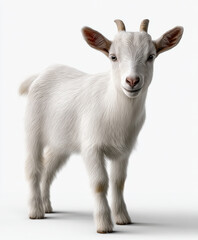 Obraz premium Goat animal white cute standing young farm livestock horn fur isolated cheerful mammal domestic pet nature agriculture rural adorable fluffy
