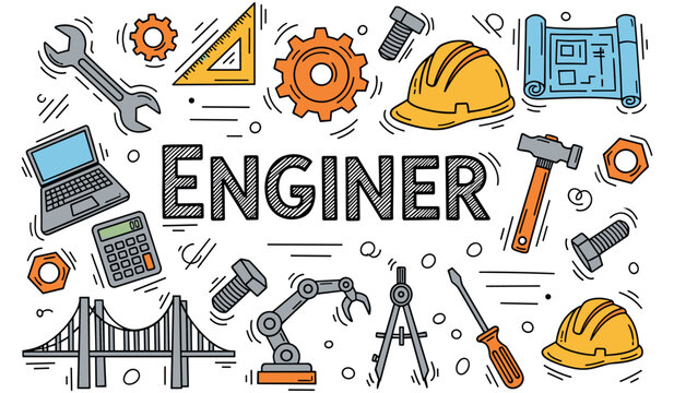 Engineering tools and symbols illustrated: hard hat, gears, bridge, and more