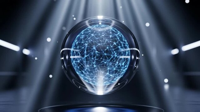 Cinematic Orbit Around Glass Sphere with Pulsing Internal Network Lines and Floating Particles