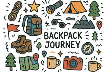 Camping adventure doodles: backpack, tent, camera, boots, map, and more