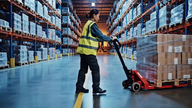 A dedicated female warehouse worker efficiently moves a pallet of goods with a pallet jack through a vast modern distribution center. Highlighting logistics and supply chain operations.