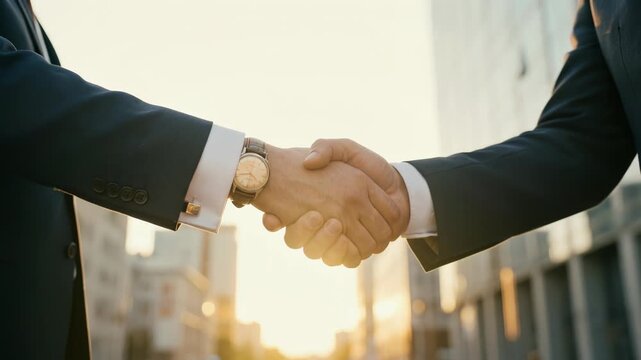 ローアングルで捉えたビジネスプロフェッショナル同士の力強い握手が象徴する信頼構築