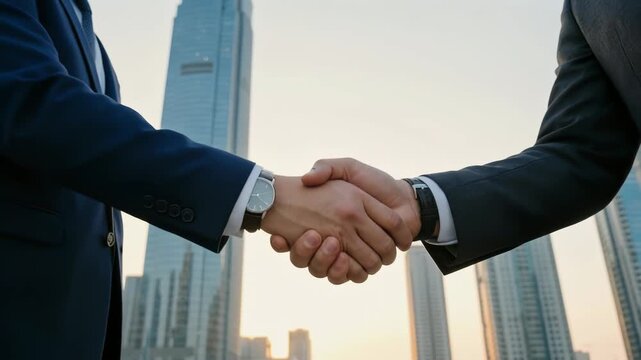ローアングルで捉えたビジネスプロフェッショナル同士の力強い握手が象徴する信頼構築