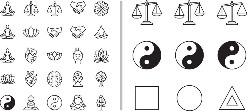 A comprehensive set of minimalist line icons focused on balance and spirituality, featuring yin-yang symbols, scales of justice, meditating figures, lotus flowers, and geometric shapes.