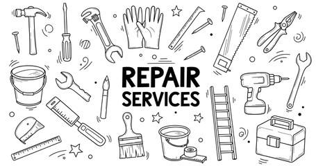 Hand-drawn repair services toolkit with various tools and equipment